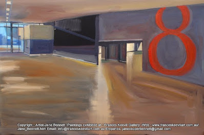 oil painting of interior of the now demolished  Wharf 8 cruise ship terminal at Barangaroo by industrial heritage artist Jane Bennett